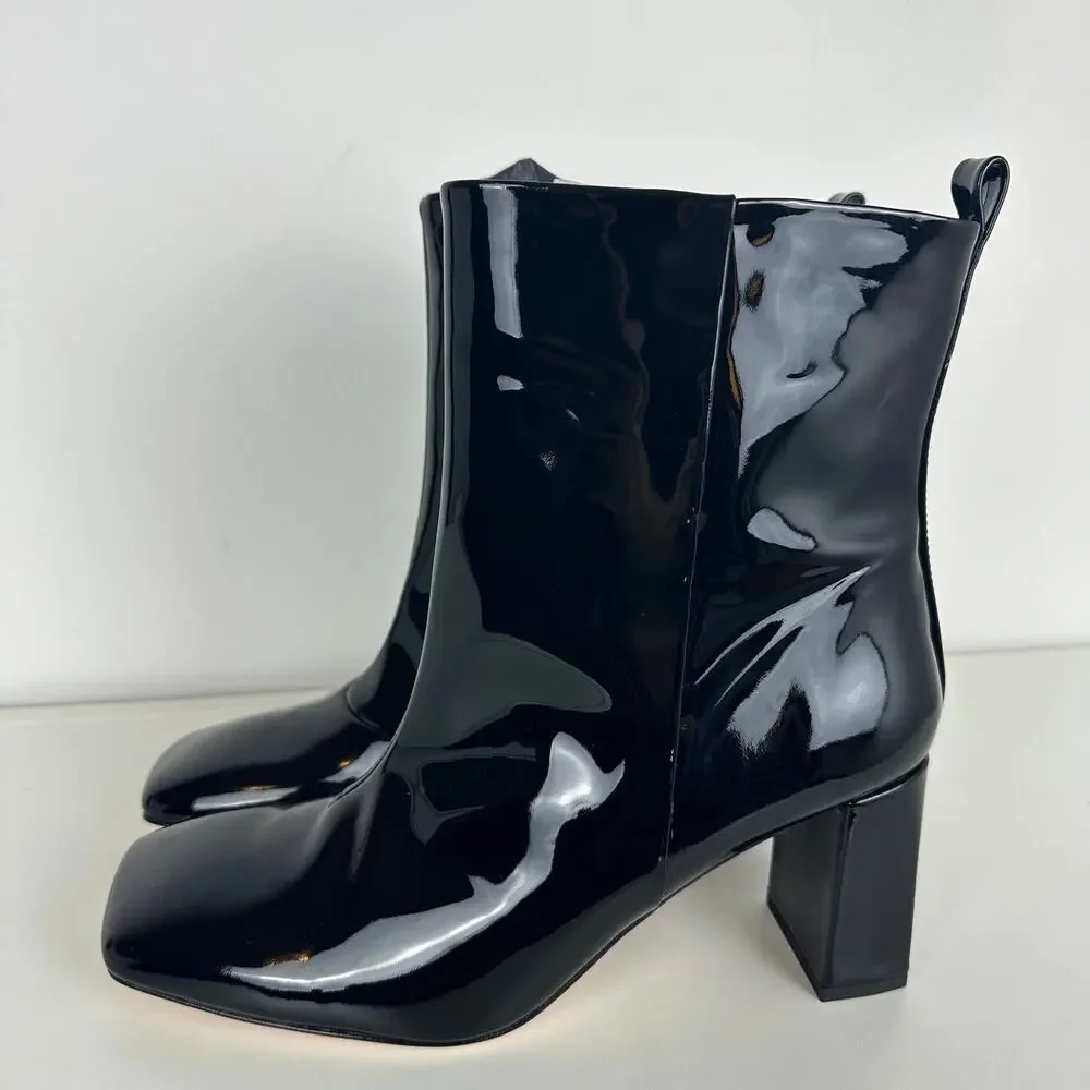 NWOB Good American Womens Pull-On Square Toe Black Patent Leather Ankle Boots 9